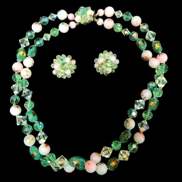 Vintage Jewelry - Vintage Midcentury Green White Rhinestone Beaded Necklace 2-strand & Earring Set